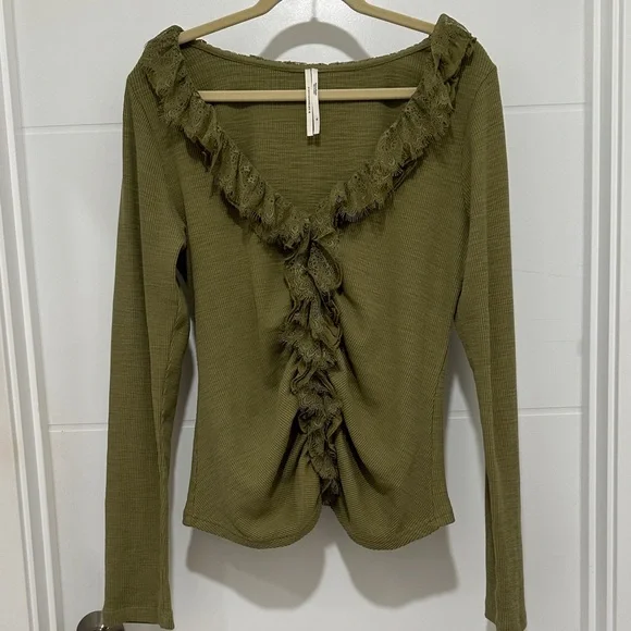 Anthropologie Olive Ruffle Long Sleeve Top - Picture 2 of 8